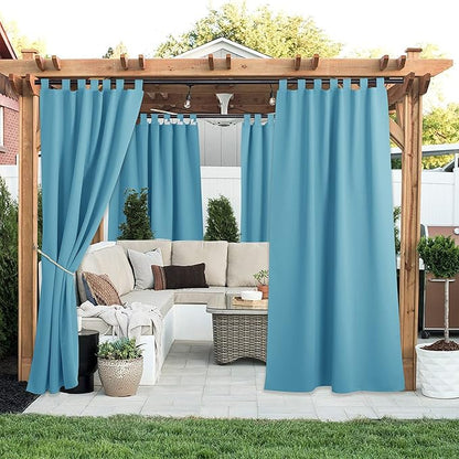 NICETOWN Outdoor Curtains for Patio Waterproof Set of 2, Thermal Insulated Detachable Sticky Tab Top Room Darkening Great Vertical Drape Outdoor Divider for Pergola, W52 x L108, Teal Blue