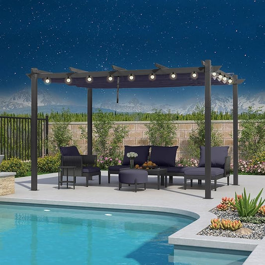 PURPLE LEAF 10' x 13' Outdoor Retractable Pergola with Double Sun Shade Canopy Patio Aluminum Pergola Metal Shelter with Light for Backyard Deck Garden, Navy Blue