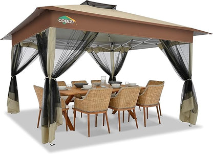 COBIZI 13x13 FT Pop up Gazebo on Clearance - Outdoor pop up Canopy Tent,carpas para Patio, Shelter - Screen Tents with Portable Carry Bag, Patio Gazebos for Camping,Garden,Deck,Backyard,Khaki