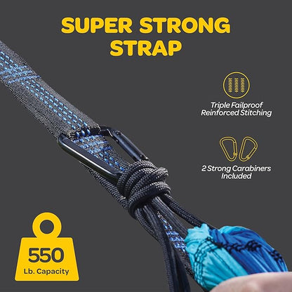 Durable Hammock 550 lb Capacity, Nylon Camping Hammock Chair - Double or Single Sizes w/Tree Straps and Attached Carry Bag - Portable for Travel/Backpacking/Beach/Backyard (X-Large, Blue & Light Blue)