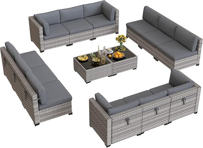 12-Seat Modular Patio Furniture Set – Outdoor Wicker Sectional Sofa with Thick 4″ Cushions, Dual-Strand PE Rattan, Rust-Resistant 18 mm Steel Frame, Backyard Garden Deck Lounge,Gray