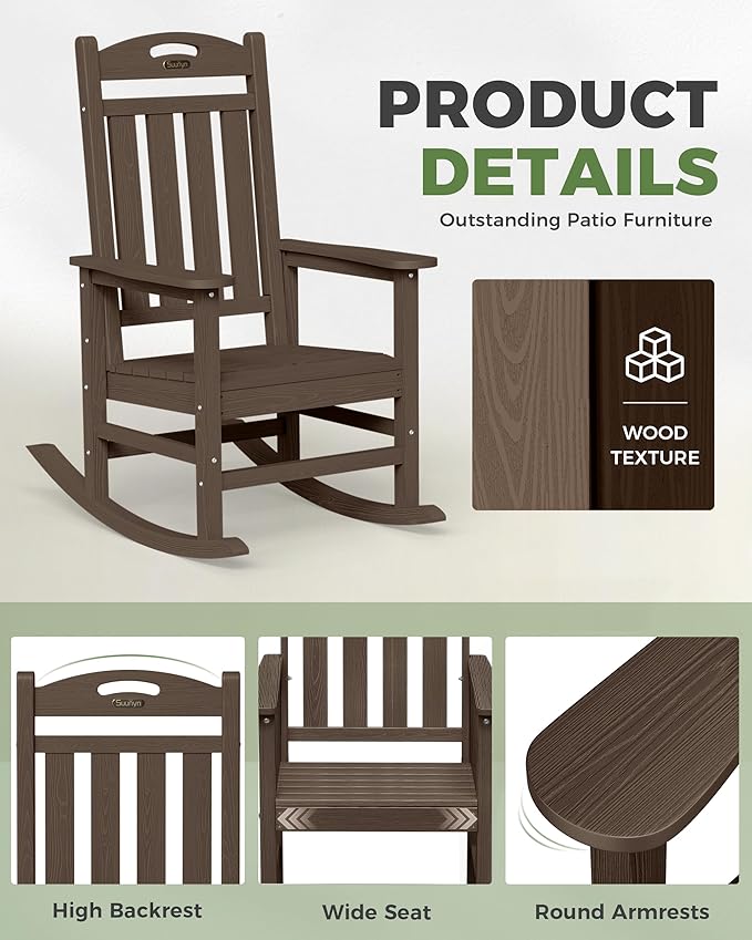 Outdoor Rocking Chair, Brown, 30-Inch High Back, 380 lb Capacity