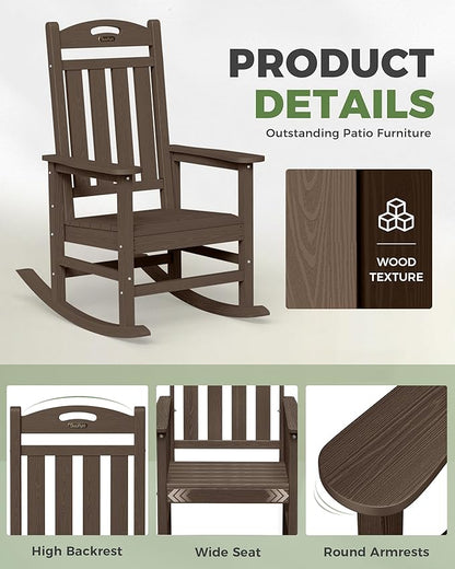 Outdoor Rocking Chair, Brown, 30-Inch High Back, 380 lb Capacity