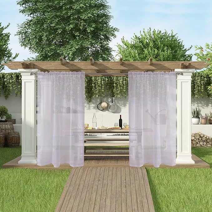 SpaceDresser Waterproof Outdoor Sheer Curtains for Patio - 4 Panels Rod Pocket Indoor Voile Sheer Curtain for Living Room,52W x 120L inch,Silver Grey