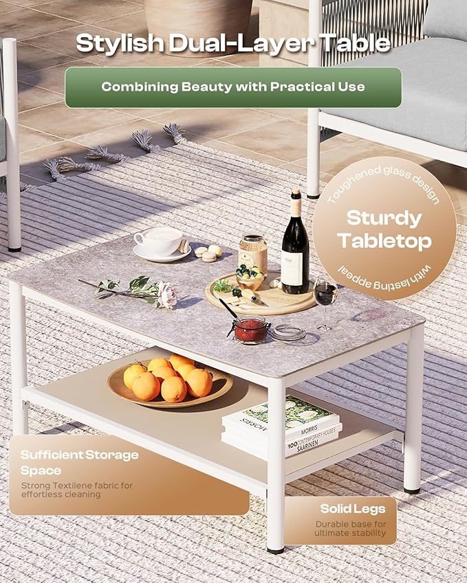 Aluminum Outdoor Patio Furniture Set with Dual-Layer Coffee Table, 5 Piece Modern Patio Conversation Sets with PE Rope, Outdoor Sectional Sofa with Thick Cushions for Balcony, Deck, White