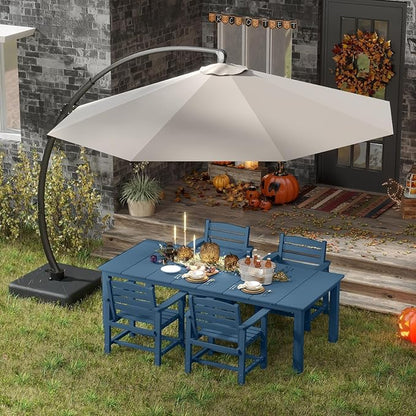 7-Piece Navy Blue Outdoor Dining Set with Beige 11FT Large Patio Umbrella, 75.2'' HDPE Table & Chairs for 6, Weather-Resistant Furniture with Umbrella Hole for Patio, Lawn, Poolside