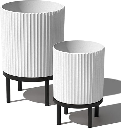 Veradek Demi Series Round Planter w/Stand for Porch/Patio | Durable Plastic-Stone Composite & Wooden Stand | Modern Décor for Tall Plants, Flowers