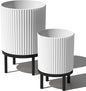 Veradek Demi Series Round Planter w/Stand for Porch/Patio | Durable Plastic-Stone Composite & Wooden Stand | Modern Décor for Tall Plants, Flowers