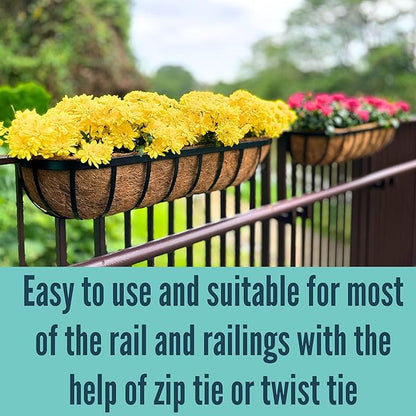LaLaGreen Deck Railing Planter Boxes for Plants (24 Inch, 2 Pack) Black Metal Wall Planters for Outdoor Plants, Window Flower Box Deck Railings with Coco Liner, Fence Balcony Patio Porch Over Rail