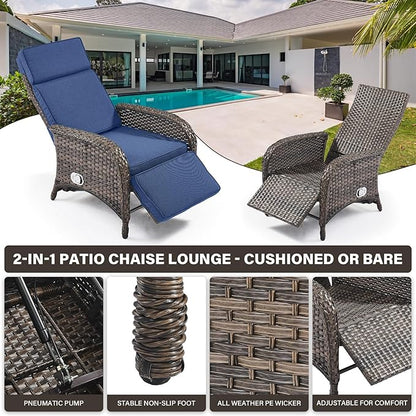 Belord Versatile Outdoor Recliner Chair Set of 3 - Reclining Patio Chair with Adjustable Backrest and Footrest, All-Weather Wicker Chaise Lounge Chair Outdoor with Side Table for Pool Deck Brown