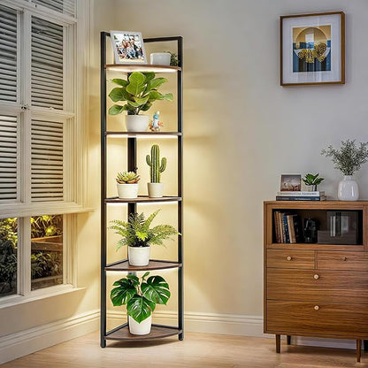 Corner Plant Stand with Grow Light Shelf 5 Tiered Plant Stand 59” Tall Flower Holder with 4 LED Grow Light Flower Stands for Indoor Plants Wood Corner Shelves for Plants Outdoor