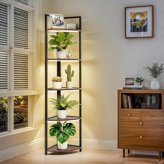 Corner Plant Stand with Grow Light Shelf 5 Tiered Plant Stand 59” Tall Flower Holder with 4 LED Grow Light Flower Stands for Indoor Plants Wood Corner Shelves for Plants Outdoor
