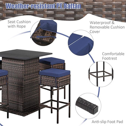Tangkula 5 Piece Outdoor Rattan Bar Set, Patio Bar Furniture with 4 Cushions Stools and Smooth Top Table with Hidden Storage Shelf, Outdoor Conversation Set for Poolside, Backyard, Lawn (Navy Blue)