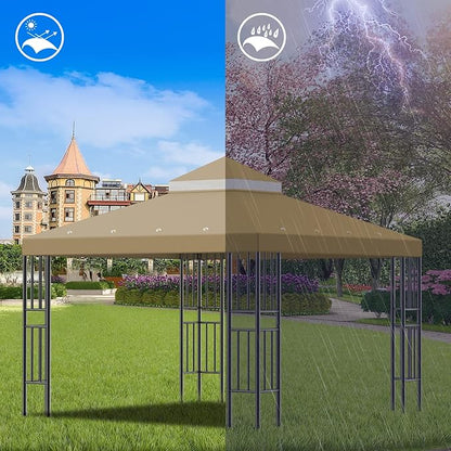 Sumfaller 10x10 FT Gazebo Replacement Canopy Top Cover Double Tiered Canopy Top Cover for Outdoor BBQ Roof Cover Grill Shelter (Brown)