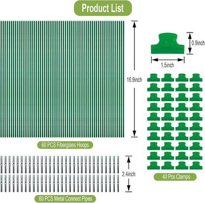 60PCS Garden Hoops for Raised Beds, 8FT Rust-Free Fiberglass Greenhouse Hoops, DIY Frame Stake to Create Grow Tunnels, Plant Support Row Covers & Garden Netting, 40Pcs Clips