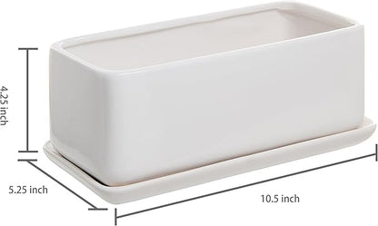 MyGift 10 Inch Modern Unglazed White Ceramic Indoor Plant Pot with Drainage Hole, Rectangular Succulent Planter Window Box with Removable Saucer, 2 Pack