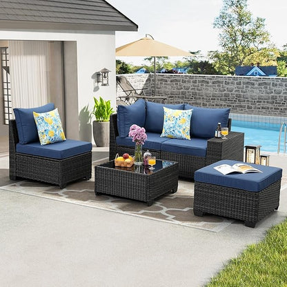 Jing's Villa 5-Piece Patio Furniture Set, All-Weather Outdoor Wicker Sectional Sofa with Cushions, Tempered Glass Table & Ottoman,Rattan Conversation Seating for Porch, Garden, Backyard,Navy