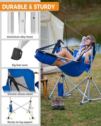 KingCamp Hammock Chair with Footrest – Heavy Duty Swinging Rocking Camping Chairs for Adults up to 400lbs, Folding Portable Oversized Rocker with Cup Holder & Pillow for Outdoor Beach Lawn RV Sports