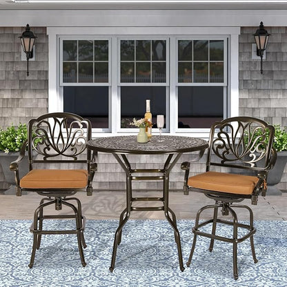 VIVIJASON 3-Piece Patio Swivel Bar Stools Set, All Weather Cast Aluminum Outdoor Bar Height Bistro Set with 2 Cushioned Bar Chairs & 38.5" High Bar Table w/Umbrella Hole for Backyard, Lawn, Garden