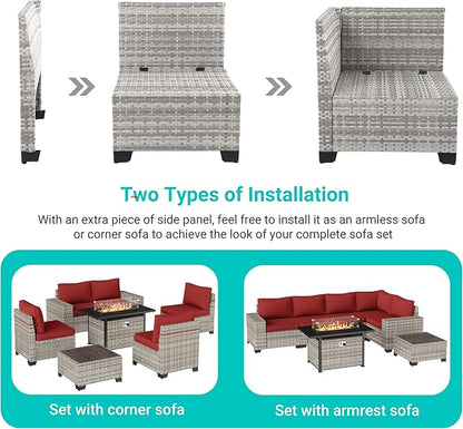 7-Piece Outdoor Patio Furniture Set with 55,000 BTU Fire Pit Table, PE Wicker Rattan Sectional Sofa Patio Conversation Set with Thickened Cushions & Coffee Table, Red