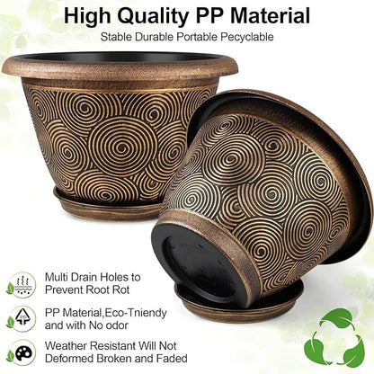 12 Inch Large Planter Pot for Plants Indoor Outdoor, 4 Pack Plastic Flower Pots with Drainage Hole & Tray, Modern Decorative Garden Pot with Saucer, Plant Container for House