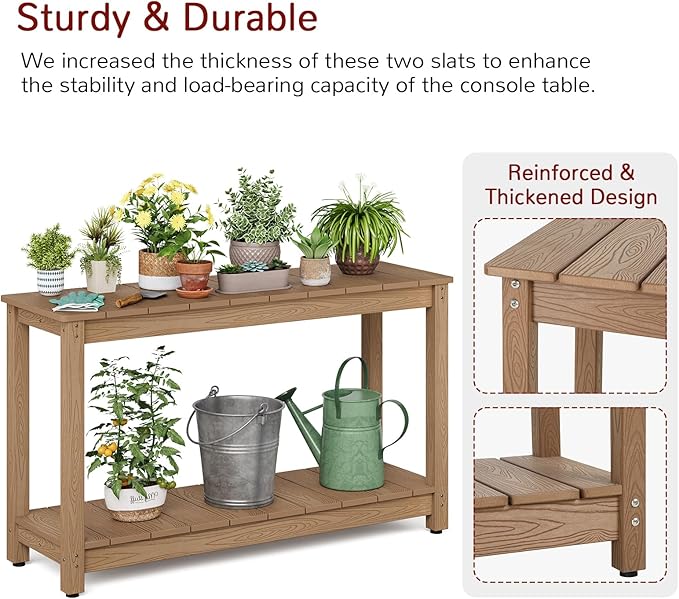 Stoog All-Weather Patio Console Table, 2-Tier Outdoor Table with Adjustable Feet, Never Fade or Rot, for Backyard, Deck, Entryway, and Garden, Teak
