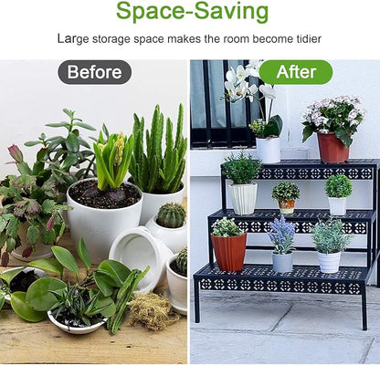 aboxoo 3 Tier Stair Style Large Metal Plant Stand, Garden Display Shelf Flower Pot Holder Storage Organizer Rack for Indoor Home Outdoor Patio Balcony Yard( Black, Rectangle)