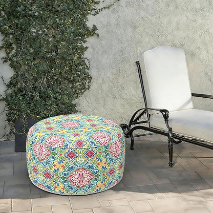 LVTXIII Indoor/Outdoor Extra Large Inflatable Ottoman Pouf D31 x H14 Inch, Round Footstool with Handle, Weather-Resistant Portable Furniture for Patio, Camping, Beach, Damask Red