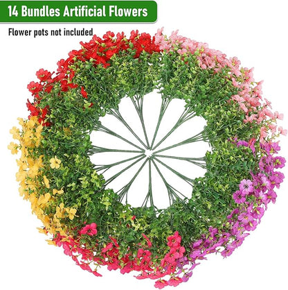 Artificial Flowers Outdoor Fake Plants, Faux Silk Flowers Plastic Plants for Outdoors Indoor Outside Front Porch Hanging Planter Window Box Garden Home Spring Decoration, 14 Pack (Mix)