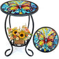 LIFFY Outdoor Side Table, 14" Round Mosaic Patio Table with Glass Butterfly Tabletop, 21" Height 2-Tier Indoor Small Decorative Plant Stand & End Table with Metal Frame for Home, Garden, Yard