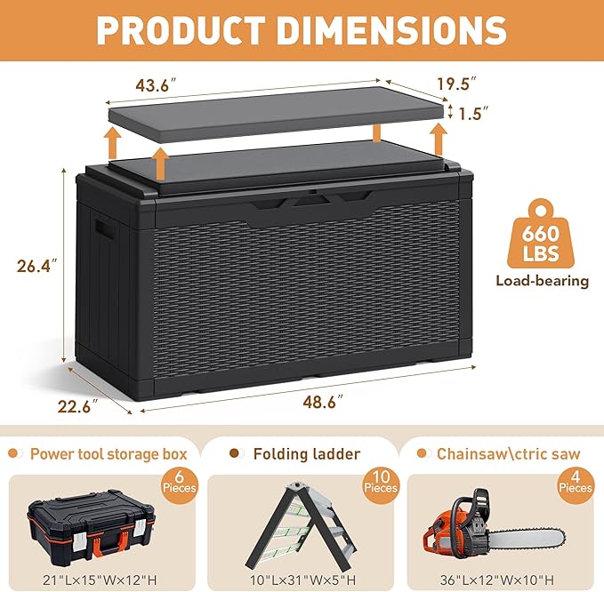 Storage Bench 100 Gallon Black Resin Outdoor Deck Box