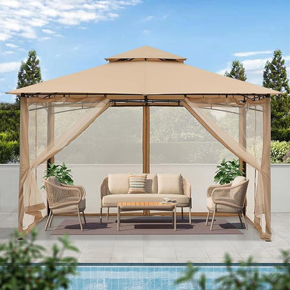 MASTERCANOPY Outdoor Garden Gazebo for Patios with Stable Steel Frame and Netting Walls (10x12,Beige)