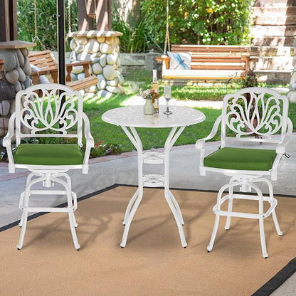 VIVIJASON 3-Piece Patio Swivel Bar Stools Set, All Weather Cast Aluminum Outdoor Bar Height Bistro Set with 2 Cushioned Bar Chairs & 31" High Bar Table w/Umbrella Hole for Backyard, Lawn, White