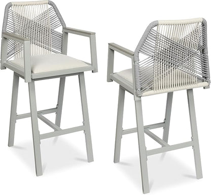 Best Choice Products Outdoor Bar Stools Set of 2, Bar Height, 360° Swivel Aluminum Frame, All-Weather Woven Rope Chair Design w/Armrests - Gray/Meteor