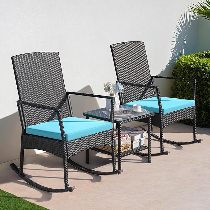 Conversation Set, 3-Piece Wicker Rocking Chairs with Coffee Table, Blue