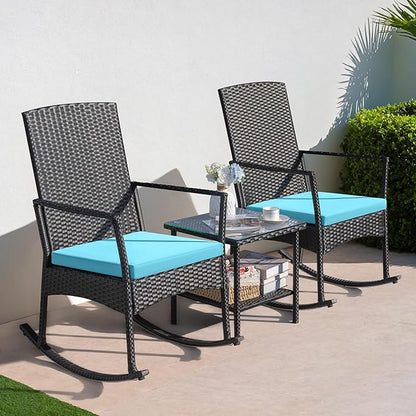 Conversation Set, 3-Piece Wicker Rocking Chairs with Coffee Table, Blue