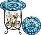 Outdoor Side Table Round Small Mosaic Patio Accent Indoor End Plant Coffee Tea Table for Yard Patio Porch Garden Living Room, Bedroom(Mandala Style,16 Inch)