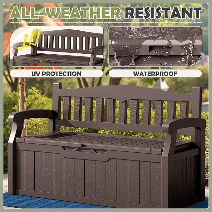 Storage Bench, 75 Gallon Brown Outdoor Deck Box with Padlock Holes