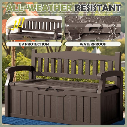Storage Bench, 75 Gallon Brown Outdoor Deck Box with Padlock Holes