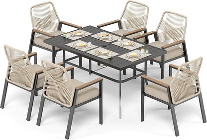 7 Pieces Patio Dining Set, 6 x Woven Rattan Chairs with Waterproof Cushion, 59" Rectangular Metal Dining Table with Umbrella Hole, Outdoor Table and Chairs Set for Backyard Lawn and Deck, Beige