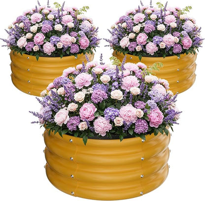 ZXZYHFTY Round Galvanized Raised Garden Bed kit,Yellow Outdoor Garden Raised Planter Box, Round Large Metal Raised Garden Beds for Vegetable 2 * 2 * 1ft 3 Pcs