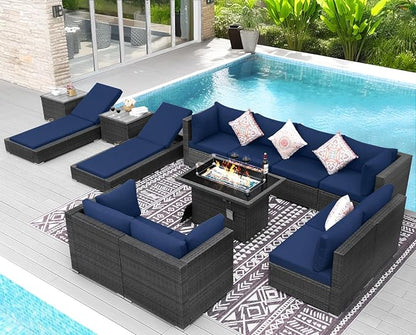 NICESOUL 13 Piece Outdoor Patio Furniture Set with Fire Pit, Extra Large 29.3'' High Back Patio Sofa Set w/Lounges, Oversized Wicker Outdoor Sectional with Fire Pit for Deck, Lawn, Yard, Gray & Navy