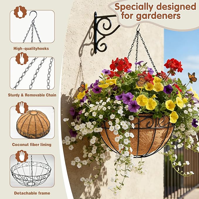 14 inch Metal Hanging Baskets For Plants Outdoor 4 Pack Round Metal Wire Hanging Basket Planter with Coco Fiber Liners Chain Round Wire Plant Holder for Garden, Patio, Deck, Porch Plants Flower Potss
