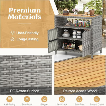 Tangkula Rattan Outdoor Storage Cabinet, Patiojoy Outdoor Cabinet with Acacia Wood Countertop, Open Compartment, 2-Door Wicker Sideboard, Outdoor Bar for Patio Garden Backyard Poolside (Mix Grey)