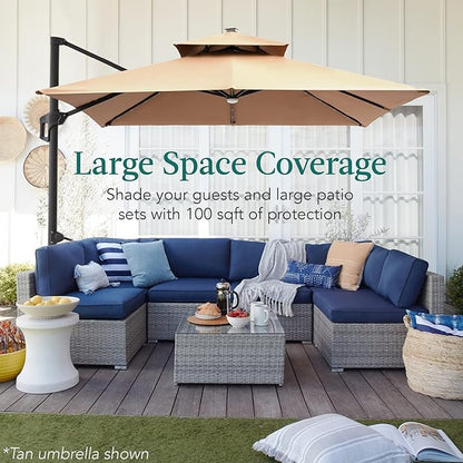 Best Choice Products 10x10ft Cantilever Patio Umbrella w/Base Included, Solar LED Lights 360 Rotation Large Offset Hanging Outdoor Shade for Deck Pool Backyard w/Stand – Brown