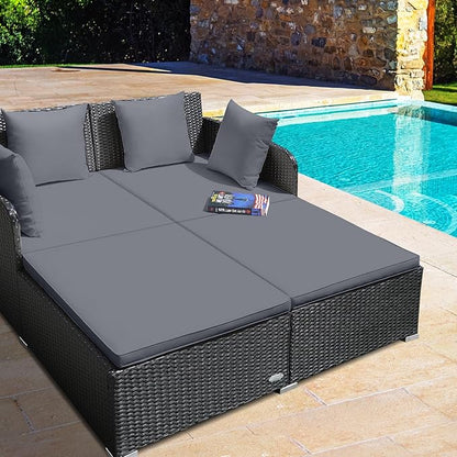 RELAX4LIFE Rattan Patio Outdoor Daybed, Wicker 2-Person Sunbed Loveseat with Soft Cushions, 4 Pillows, Curved Backrest & Armrest, Double Bed Lounger Sofa Set for Balcony Porch, Patio Bed (Grey)