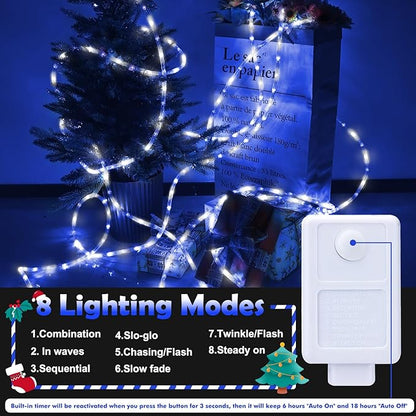 200ft LED Rope Lights Outdoor, 1440 LED Flexible Tube Lights with 8 Modes, Waterproof LED Rope Lighting for Outside Garden Patio Bedroom Party Pool Fences Indoor Outdoor Christmas Decor (White & Blue)