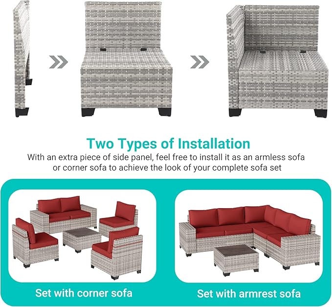 15-Piece Outdoor Patio Furniture Set with Rocking Swivel Chair Wicker Sectional Sofa Set, Patio Conversation Set with Thickened Cushions & Coffee Table for Garden, Backyard, Poolside, Red