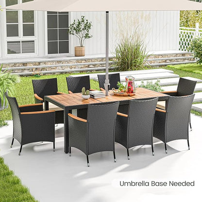 Tangkula 9 Pieces Rattan Outdoor Dining Set for 8, Outdoor Acacia Wood Table Set with 8 Cushioned Wicker Chairs, Umbrella Hole, Patio Dining Furniture Set for Deck Pool Backyard