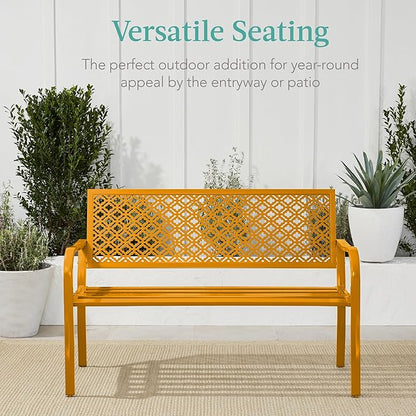 Best Choice Products Outdoor Bench 2-Person Metal Steel Benches Furniture for Garden, Patio, Porch, Entryway w/Geometric Backrest, 790lb Capacity - Marigold